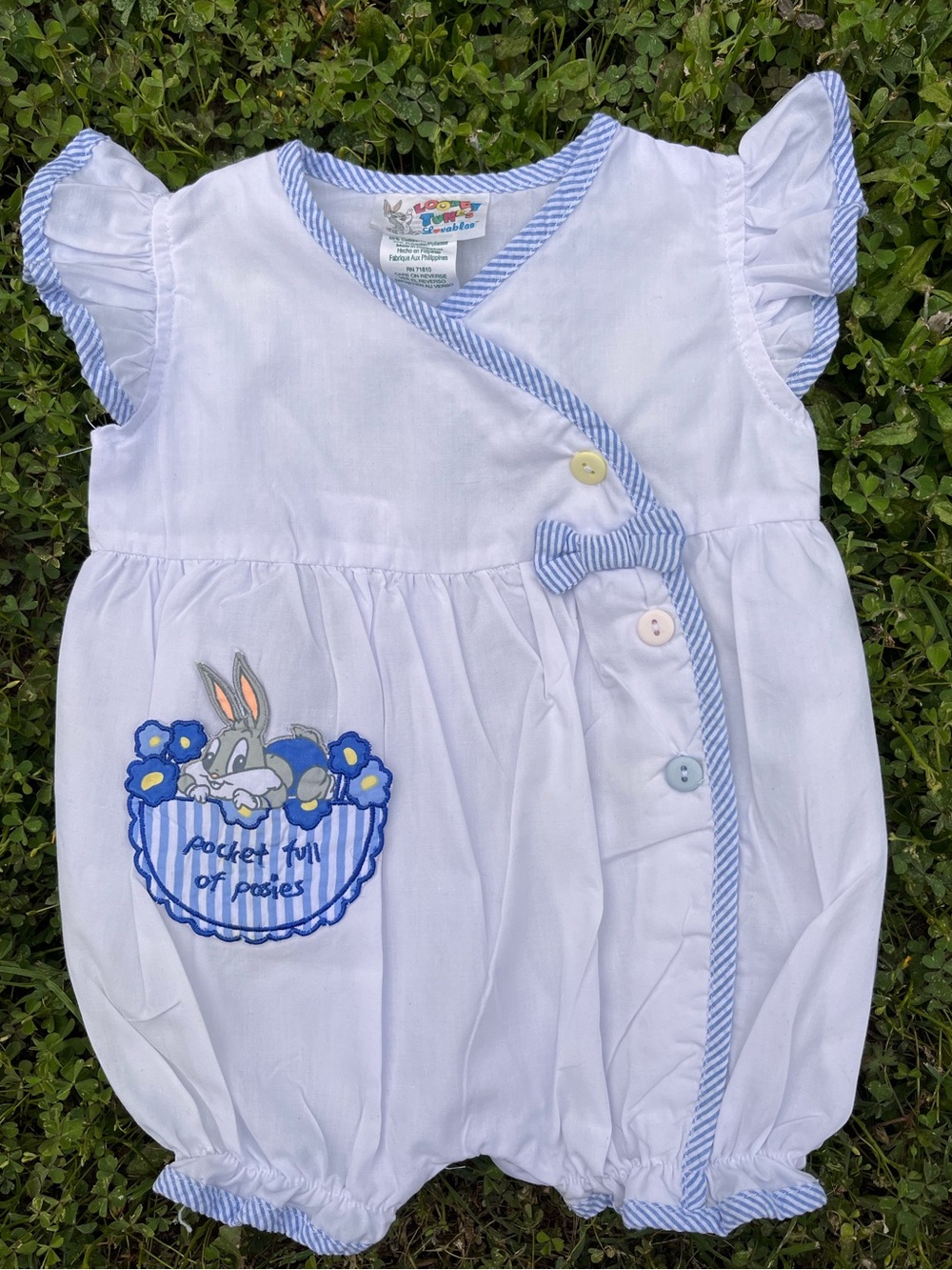 1997 Vintage White Baby Bubble Romper with Blue Trim and Bugs Bunny Pocket